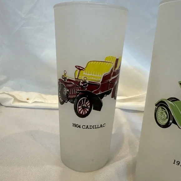 Vintage Car Drinking Glasses, Frosted Glass, Set of 4, Chevy, Ford, Cadillac… - Picture 2 of 10